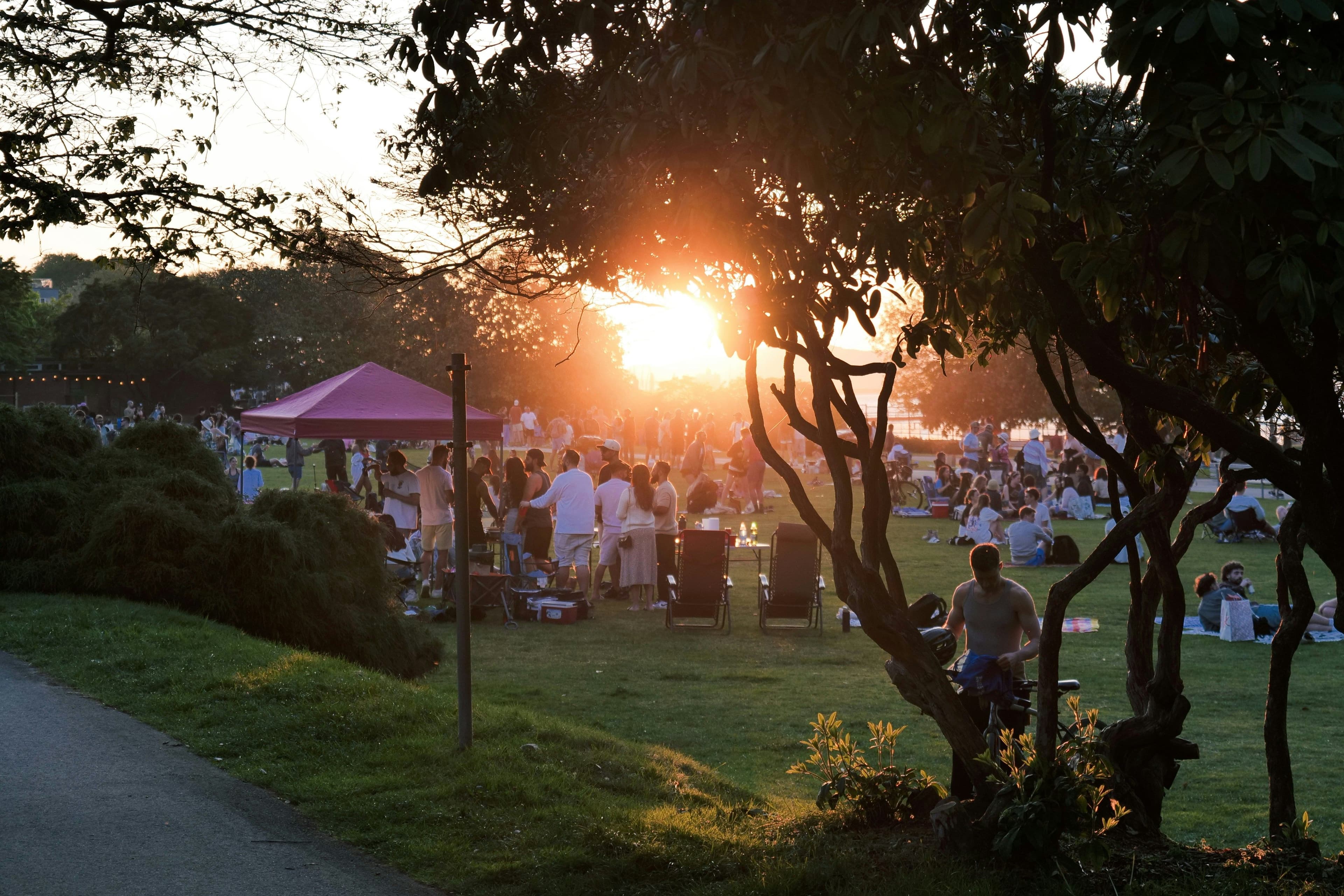 Menschen stehen und sitzen auf einer Wiese in einem Park